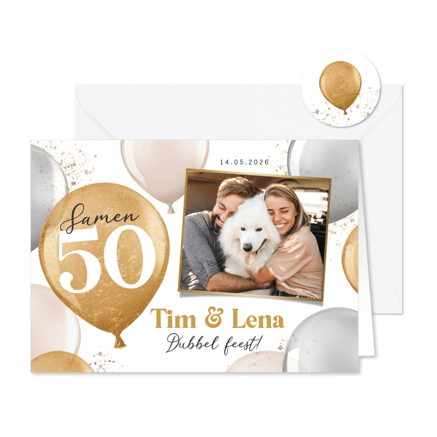 Uitnodiging verjaardag samen 50 ballonnen goud foto - Kaartimpressie