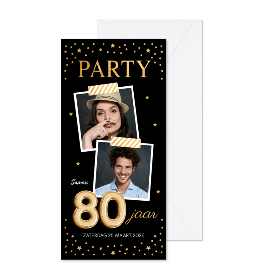 Uitnodiging verjaardag samen 80 jaar goud confetti - Kaartimpressie