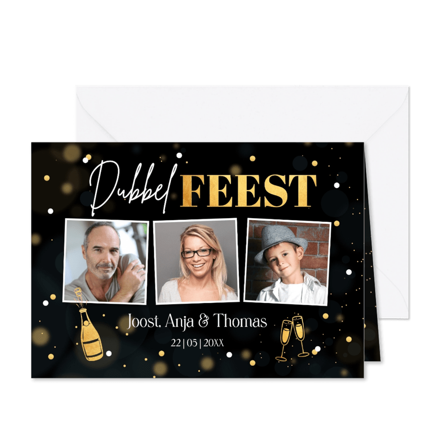 Uitnodiging verjaardag samen fotocollage goud confetti - Kaartimpressie