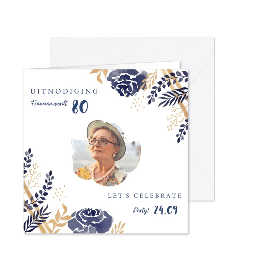 Uitnodiging verjaardag stijlvolle blauwe en goudlook bloemen - Kaartimpressie