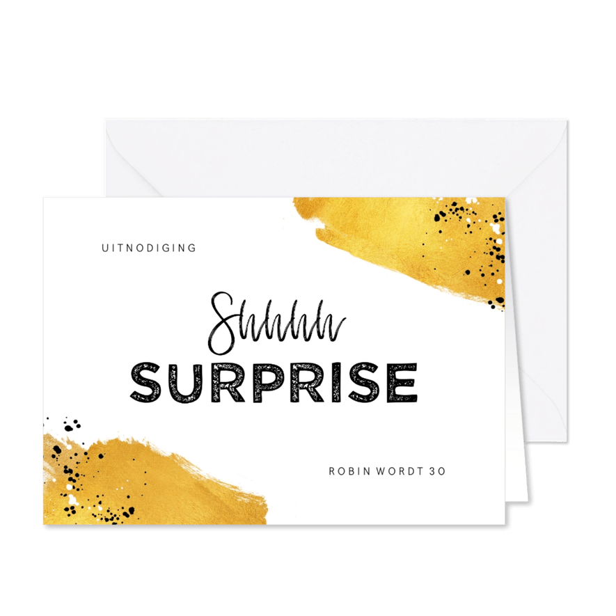 Uitnodiging verjaardag surprise party met goud en foto - Kaartimpressie