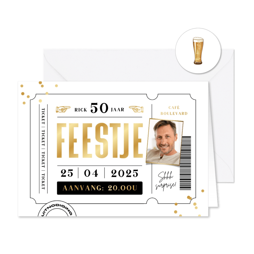 Uitnodiging verjaardag ticket feestje foto goud confetti - Kaartimpressie