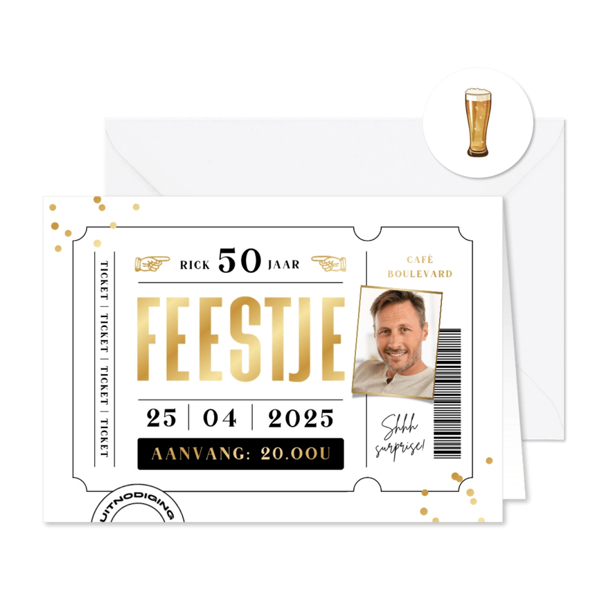 Uitnodiging verjaardag ticket feestje foto goud confetti - Kaartimpressie