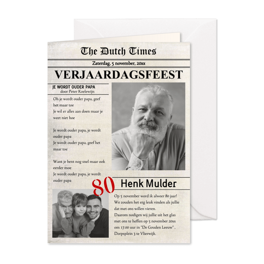 Uitnodiging verjaardag voorpagina krant - Kaartimpressie