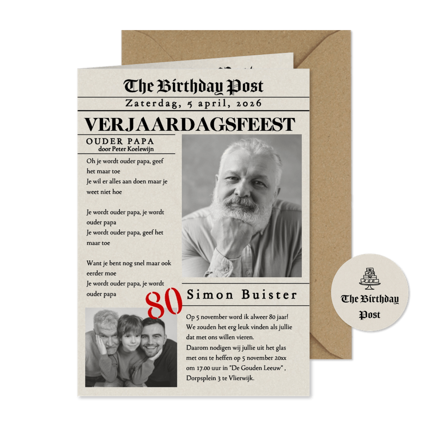 Uitnodiging verjaardag voorpagina krant - Kaartimpressie