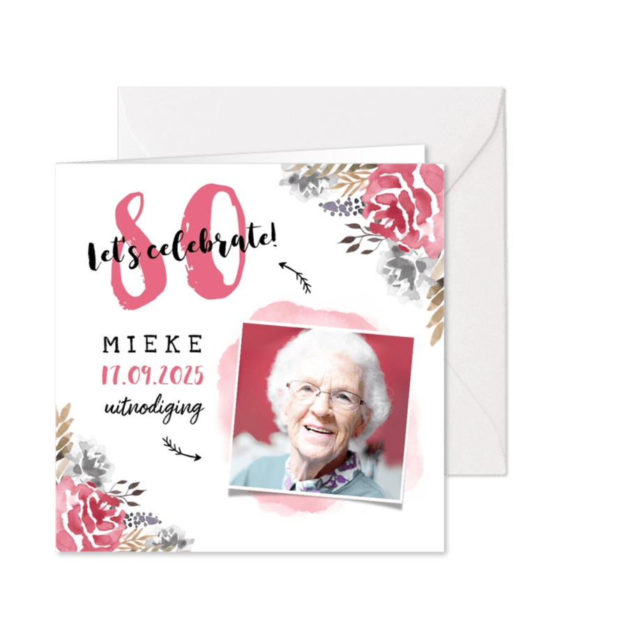 Uitnodiging verjaardag vrouw hip met geschilderde bloemen - Kaartimpressie