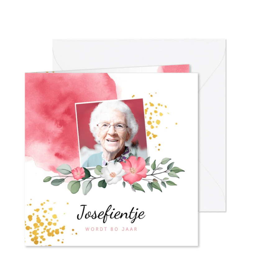 Uitnodiging verjaardag vrouw met waterverf, bloemen en foto - Kaartimpressie