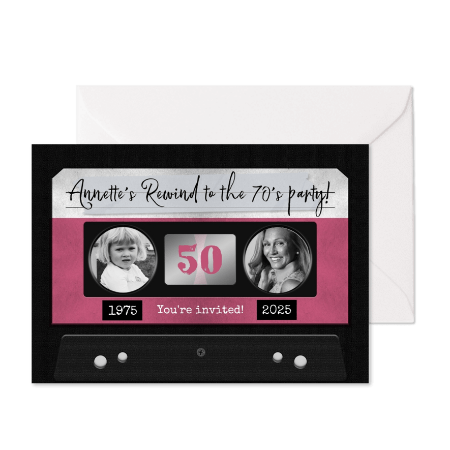 Uitnodiging verjaardag vrouw retro cassette muziek - Kaartimpressie