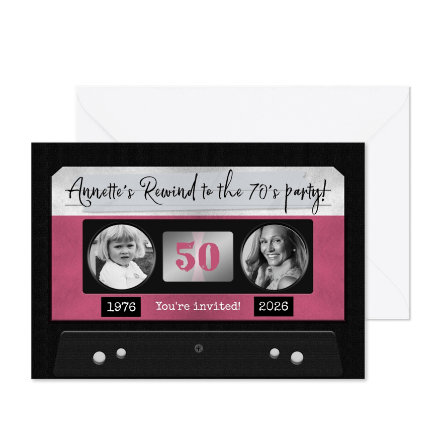Uitnodiging verjaardag vrouw retro cassette muziek - Kaartimpressie