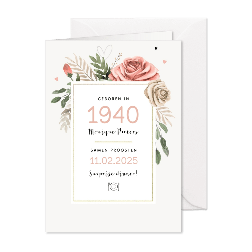 Uitnodiging verjaardag vrouw vintage bloemen jaartal - Kaartimpressie