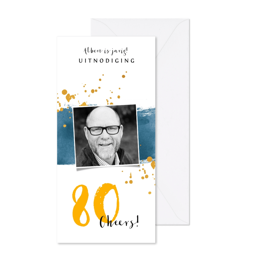 Uitnodiging verjaardag waterverf met goud spetters - Kaartimpressie
