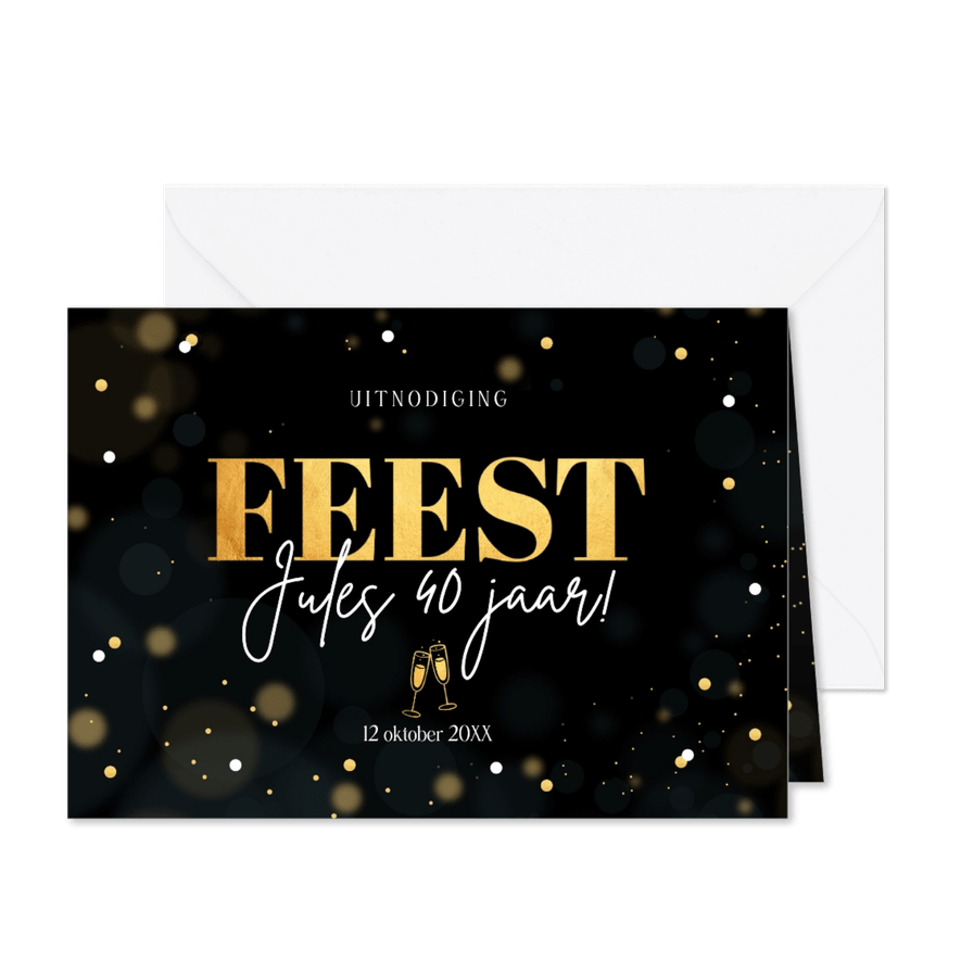Uitnodiging verjaardag zwart goud confetti champagne - Kaartimpressie