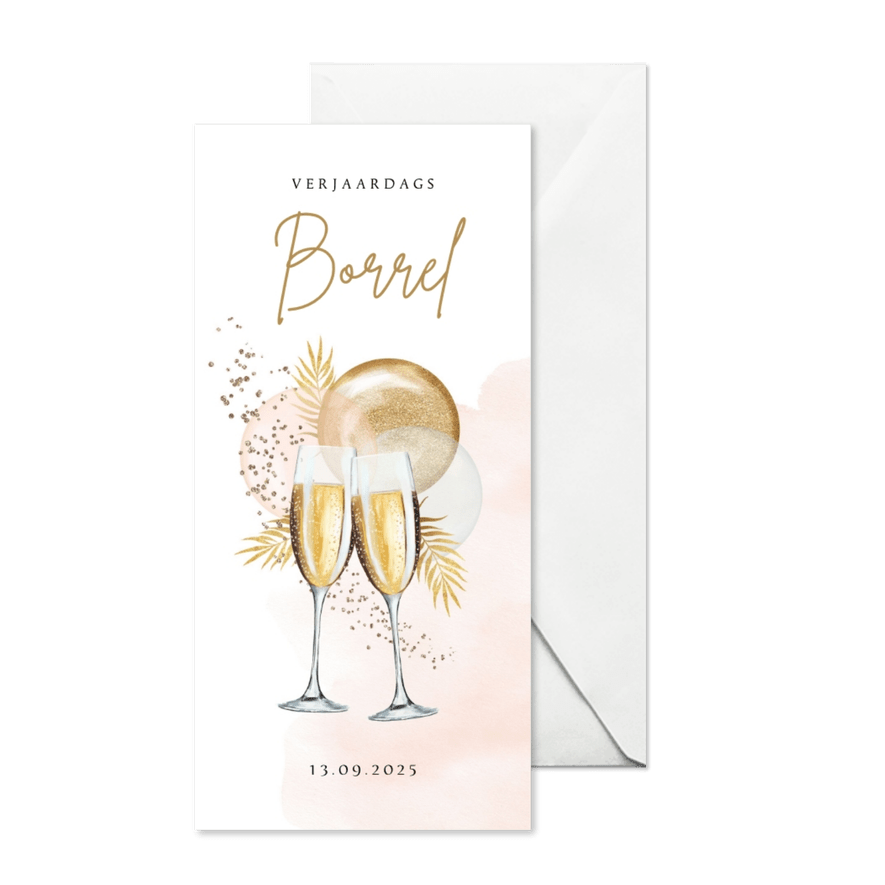 Uitnodiging verjaardagborrel champagne botanisch ballonnen - Kaartimpressie