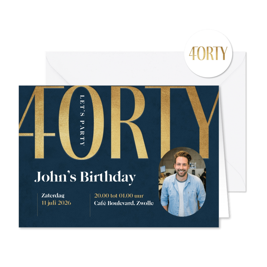 Uitnodiging verjaardagsfeest 40 jaar goud foto stijlvol - Kaartimpressie