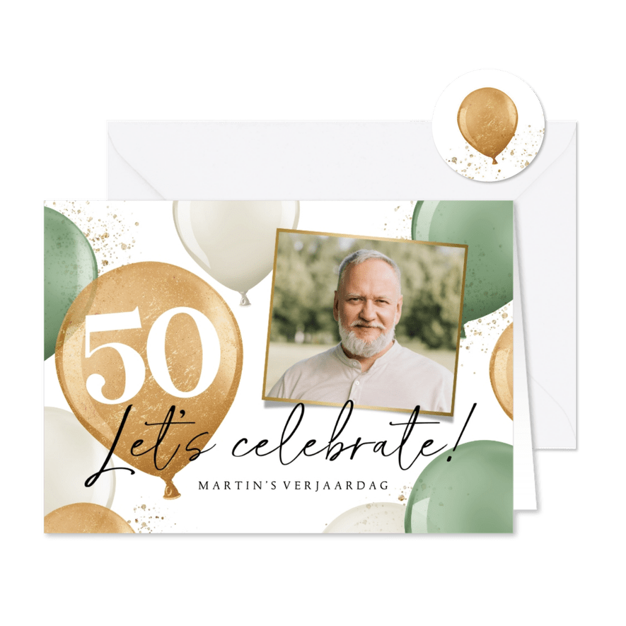 Uitnodiging verjaardagsfeest 50 jaar ballonnen goud groen - Kaartimpressie