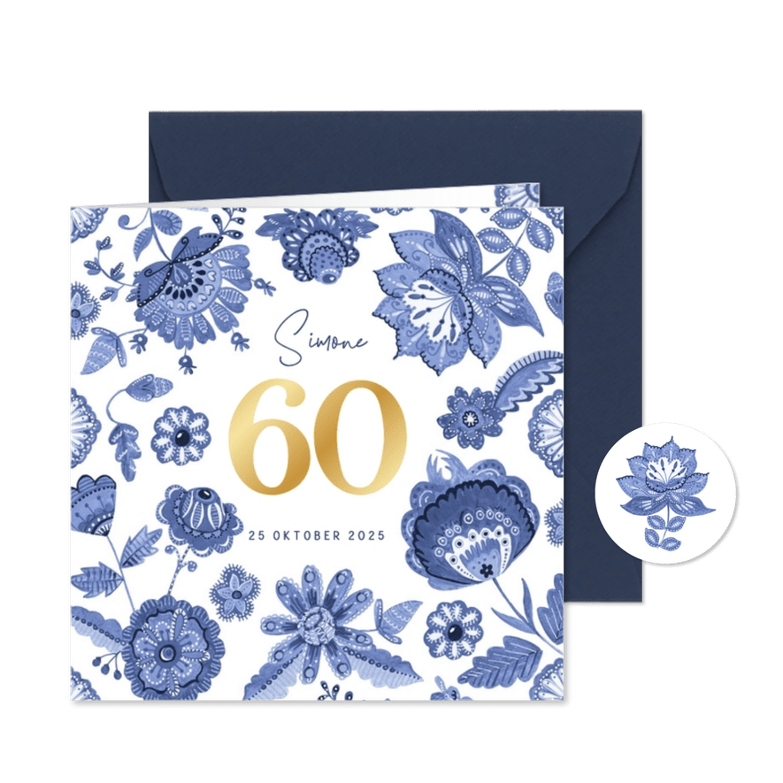 Uitnodiging verjaardagsfeest 60 Delfts blauw bloemen - Kaartimpressie