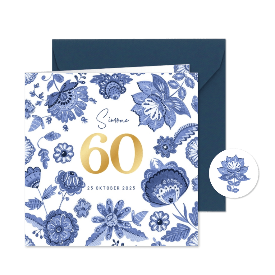 Uitnodiging verjaardagsfeest 60 Delfts blauw bloemen - Kaartimpressie