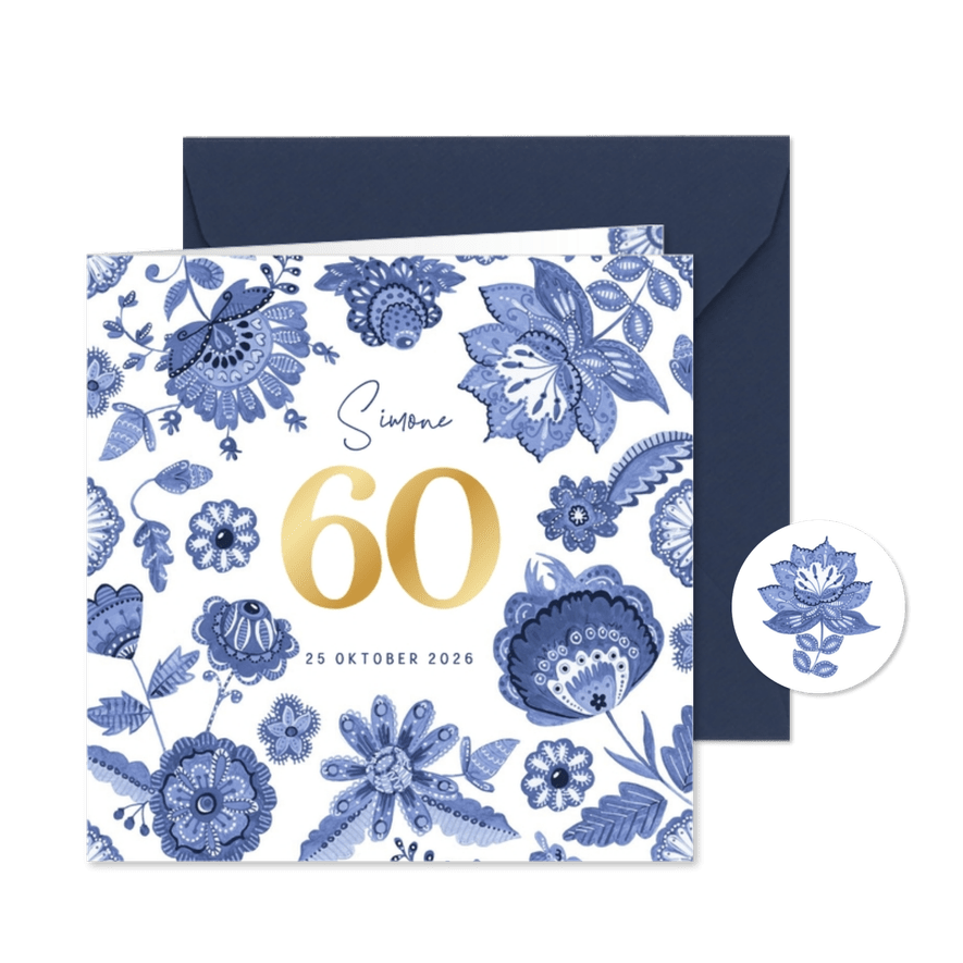 Uitnodiging verjaardagsfeest 60 Delfts blauw bloemen - Kaartimpressie