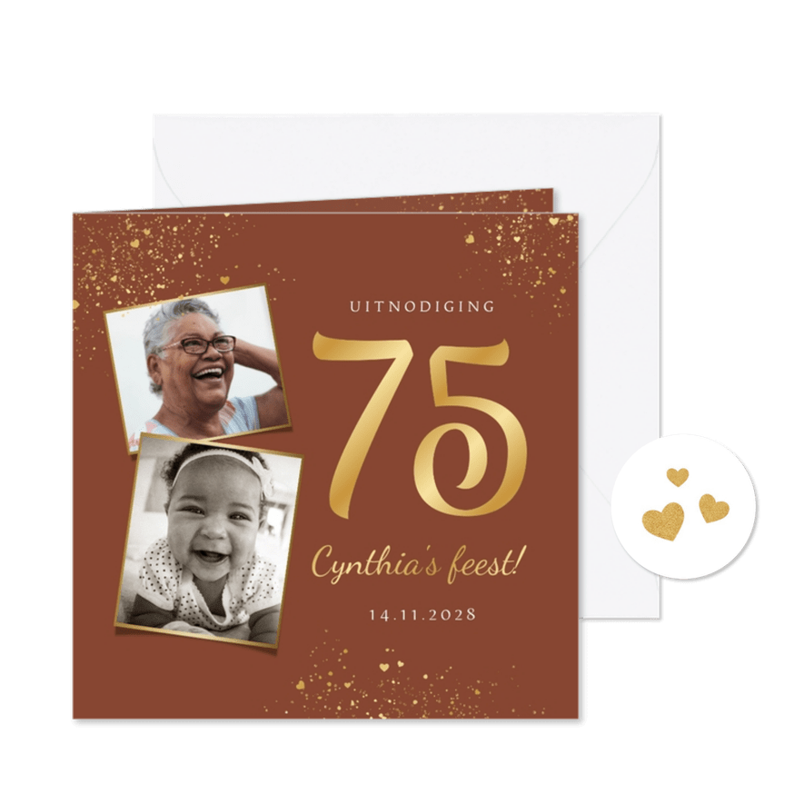 Uitnodiging verjaardagsfeest 75 jaar goud hartjes foto - Kaartimpressie