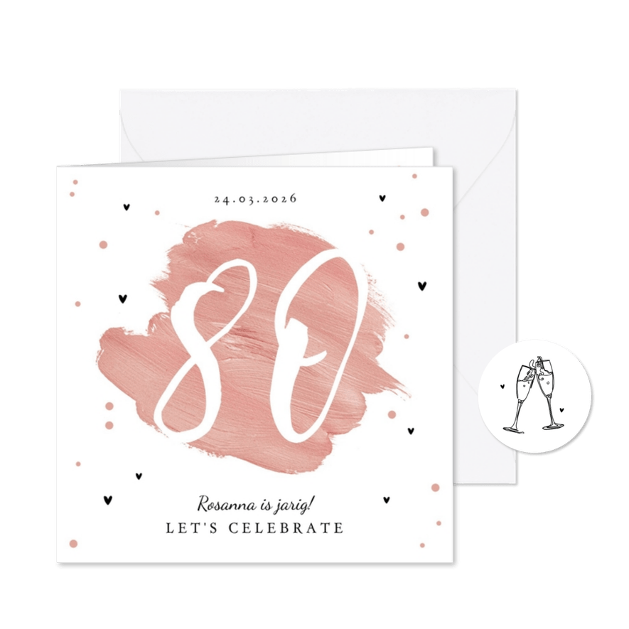 Uitnodiging verjaardagsfeest 80 jaar vrouw verf hartjes - Kaartimpressie