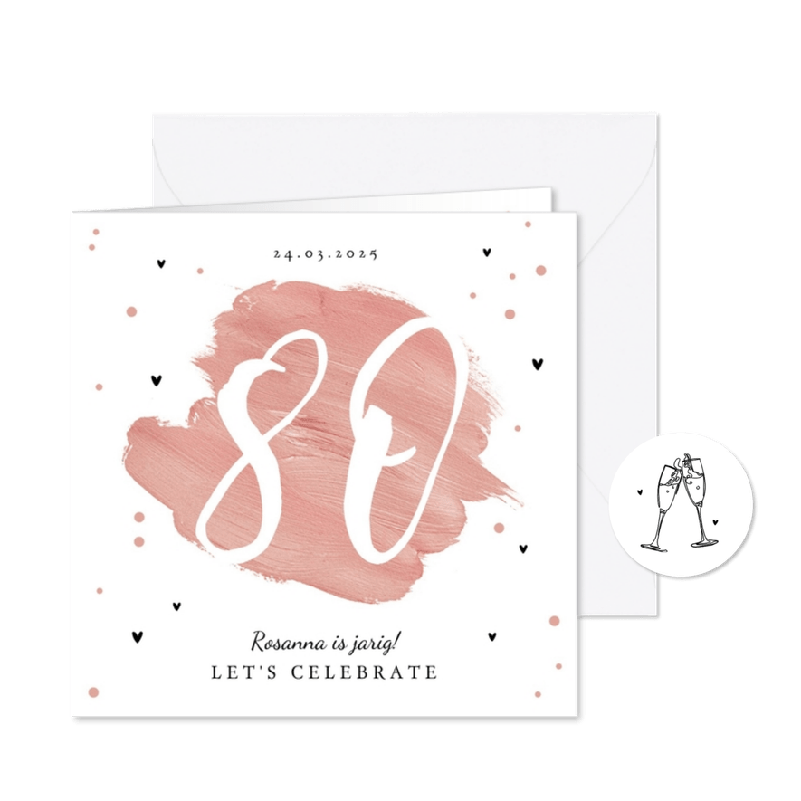 Uitnodiging verjaardagsfeest 80 jaar vrouw verf hartjes - Kaartimpressie