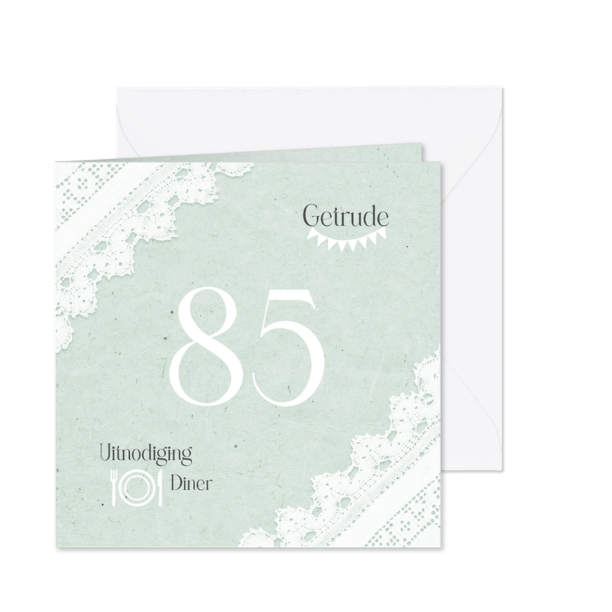 Uitnodiging verjaardagsfeest 85 jaar vintage kant groen - Kaartimpressie