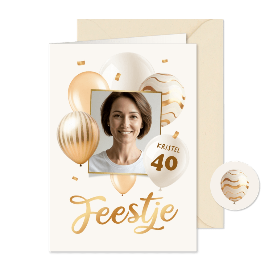 Uitnodiging verjaardagsfeest ballonnen goud beige foto - Kaartimpressie