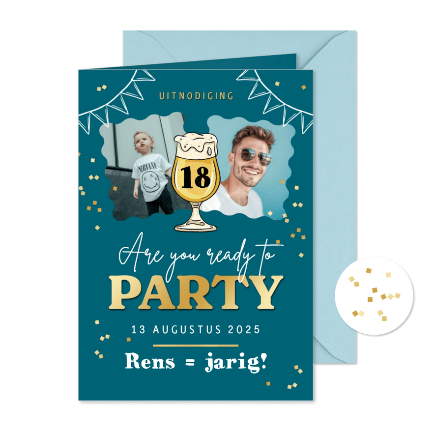 Uitnodiging verjaardagsfeest bier slingers confetti foto 18 - Kaartimpressie