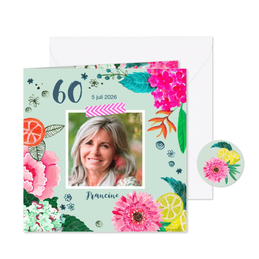 Uitnodiging verjaardagsfeest botanisch bloemen trendy  - Kaartimpressie