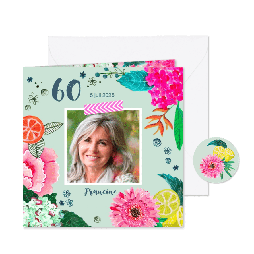 Uitnodiging verjaardagsfeest botanisch bloemen trendy - Kaartimpressie