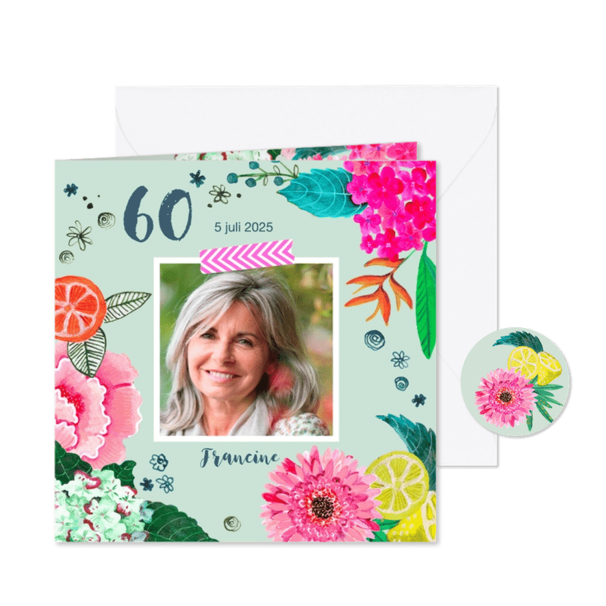 Uitnodiging verjaardagsfeest botanisch bloemen trendy - Kaartimpressie