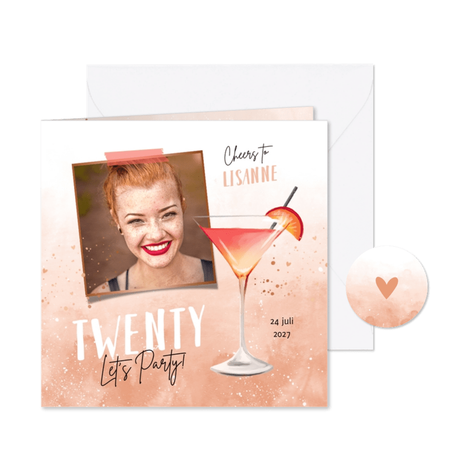 Uitnodiging verjaardagsfeest cocktail waterverf hartjes foto - Kaartimpressie
