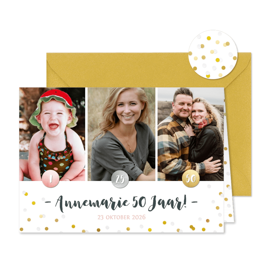 Uitnodiging verjaardagsfeest confetti fotocollage 3 foto's - Kaartimpressie