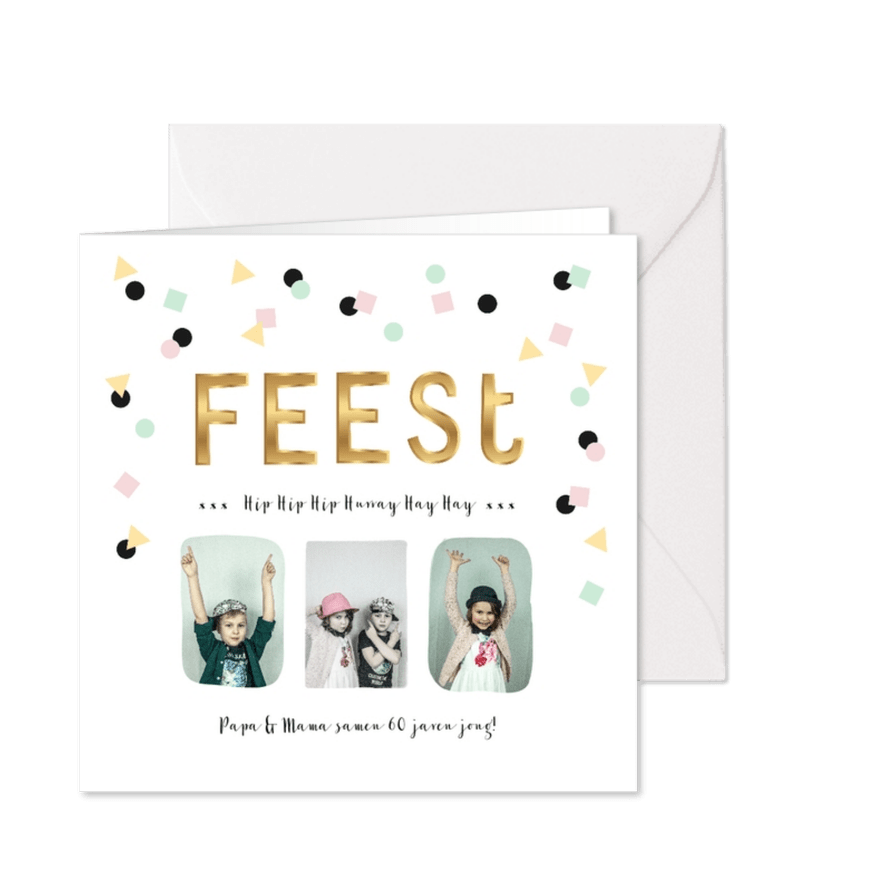 Uitnodiging verjaardagsfeest pastel confetti goud letters - Kaartimpressie