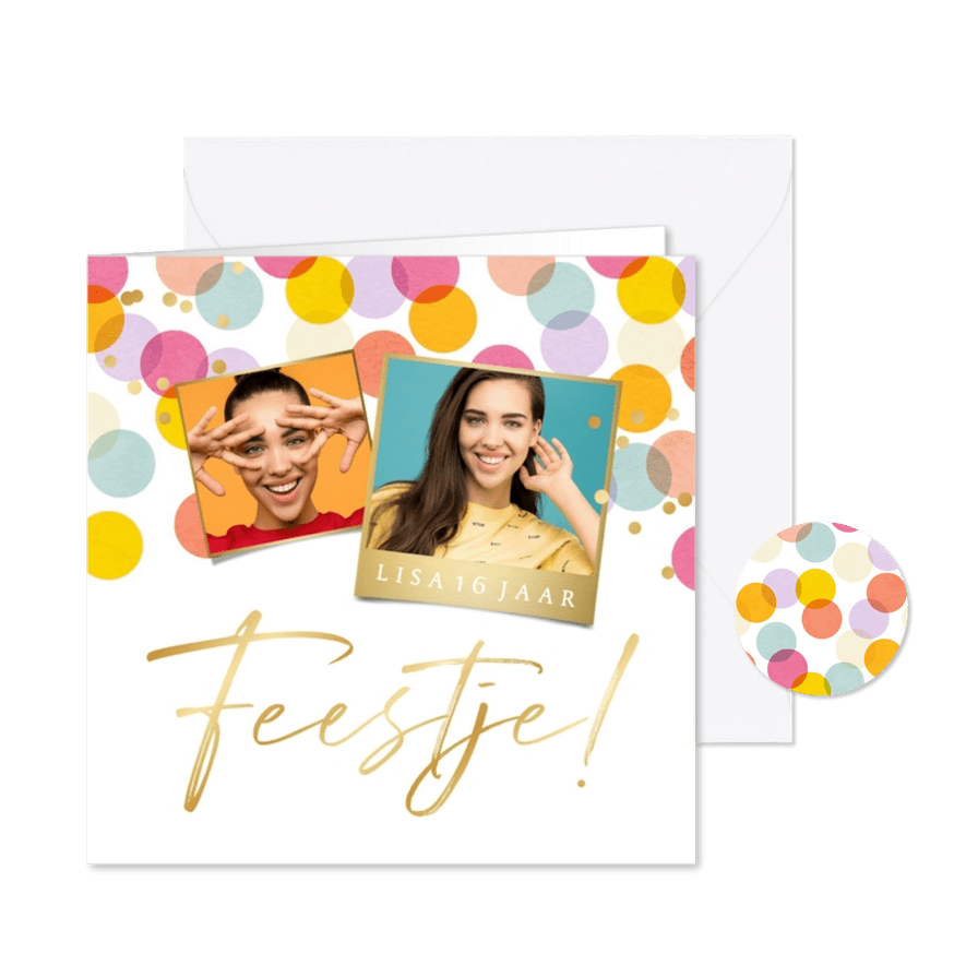 Uitnodiging verjaardagsfeest kleurrijke confetti foto's goud - Kaartimpressie