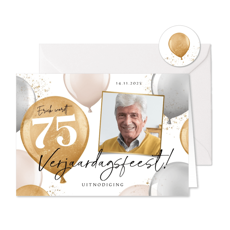 Uitnodiging verjaardagsfeest man 75 jaar ballonnen goud foto - Kaartimpressie