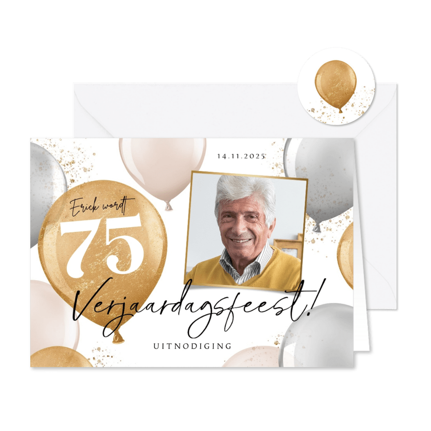 Uitnodiging verjaardagsfeest man 75 jaar ballonnen goud foto - Kaartimpressie