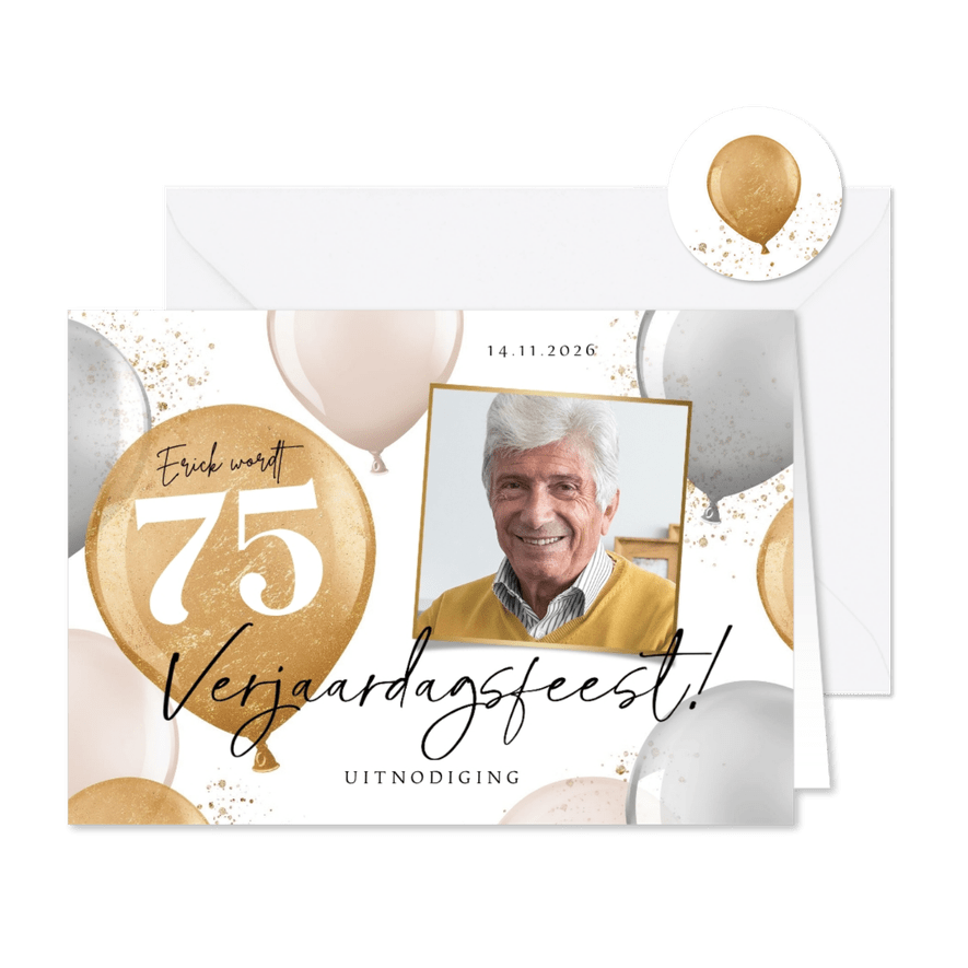 Uitnodiging verjaardagsfeest man 75 jaar ballonnen goud foto - Kaartimpressie