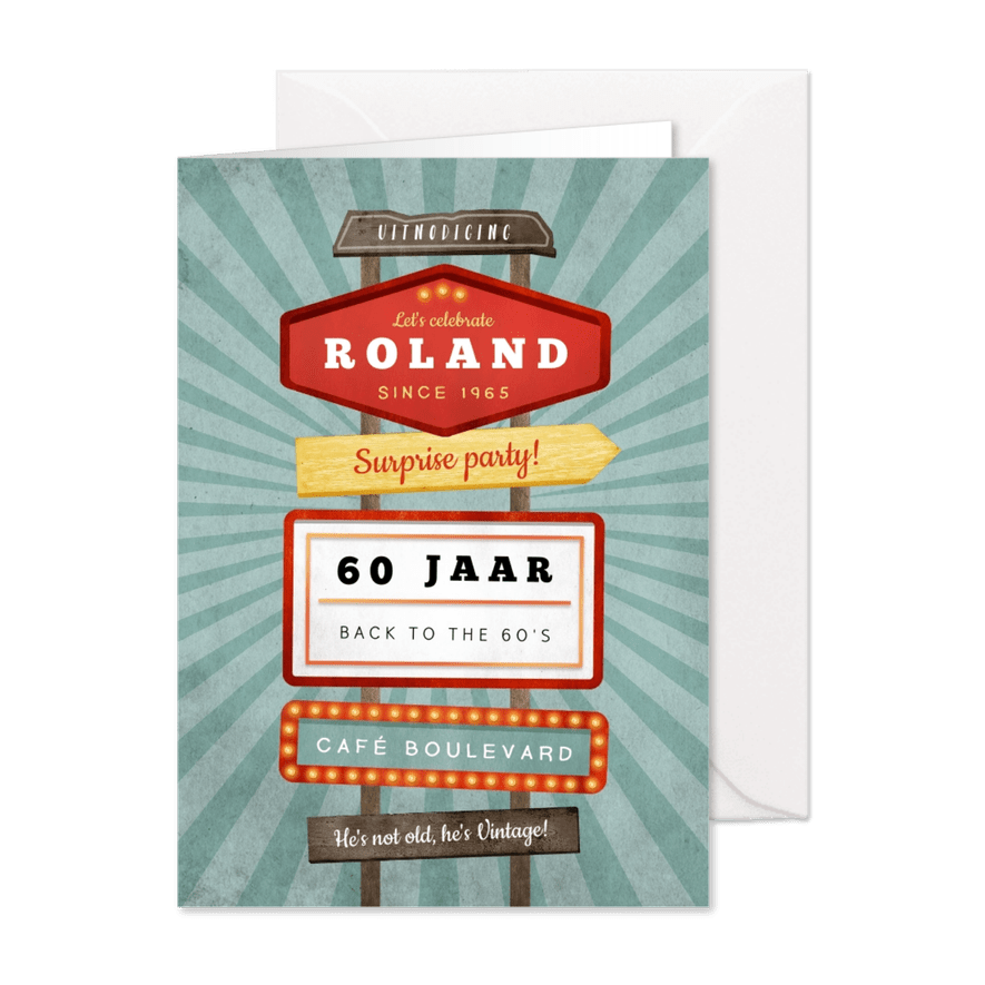 Uitnodiging verjaardagsfeest man retro vintage signs - Kaartimpressie