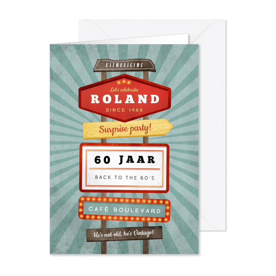 Uitnodiging verjaardagsfeest man retro vintage signs - Kaartimpressie