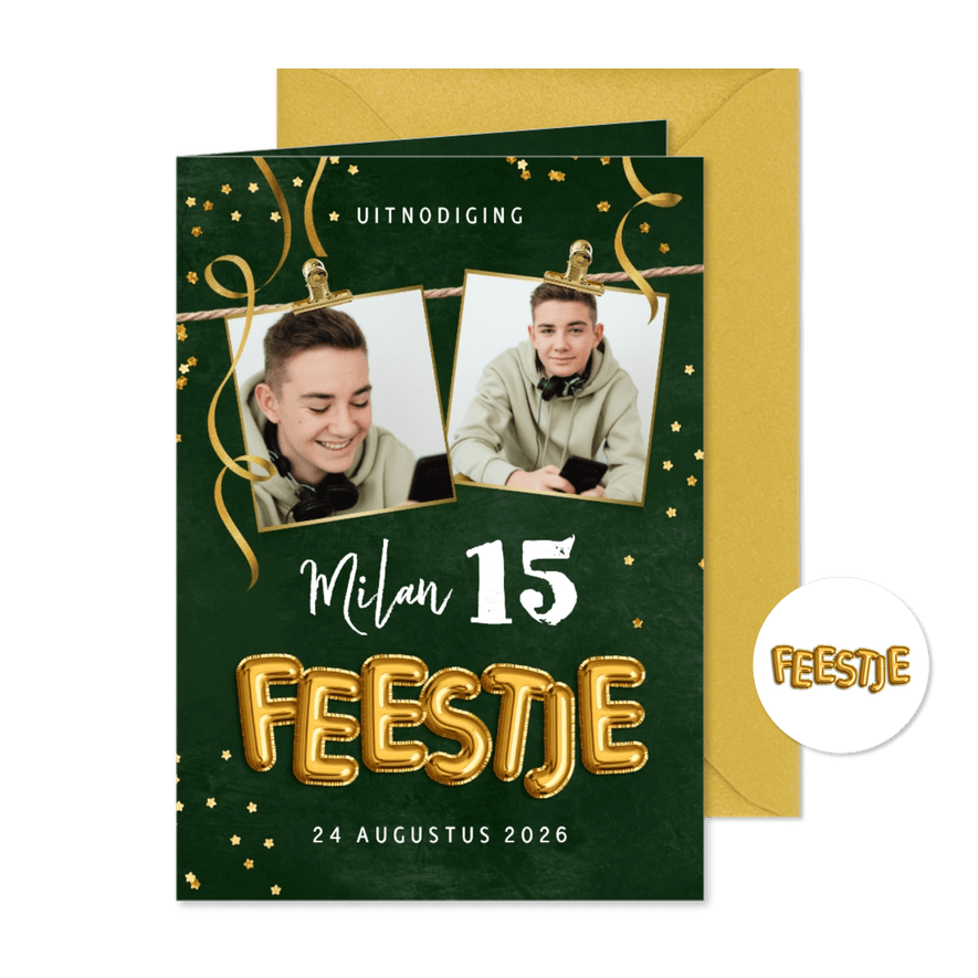 Uitnodiging verjaardagsfeest slingers confetti foto's groen - Kaartimpressie