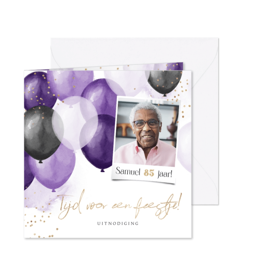 Uitnodiging verjaardagsfeest unisex ballonnen confetti paars - Kaartimpressie