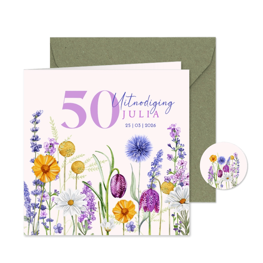 Uitnodiging verjaardagsfeest veldbloemen - Kaartimpressie