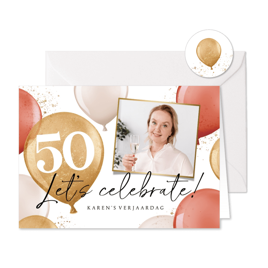 Uitnodiging verjaardagsfeest vrouw 50 jaar ballonnen goud - Kaartimpressie