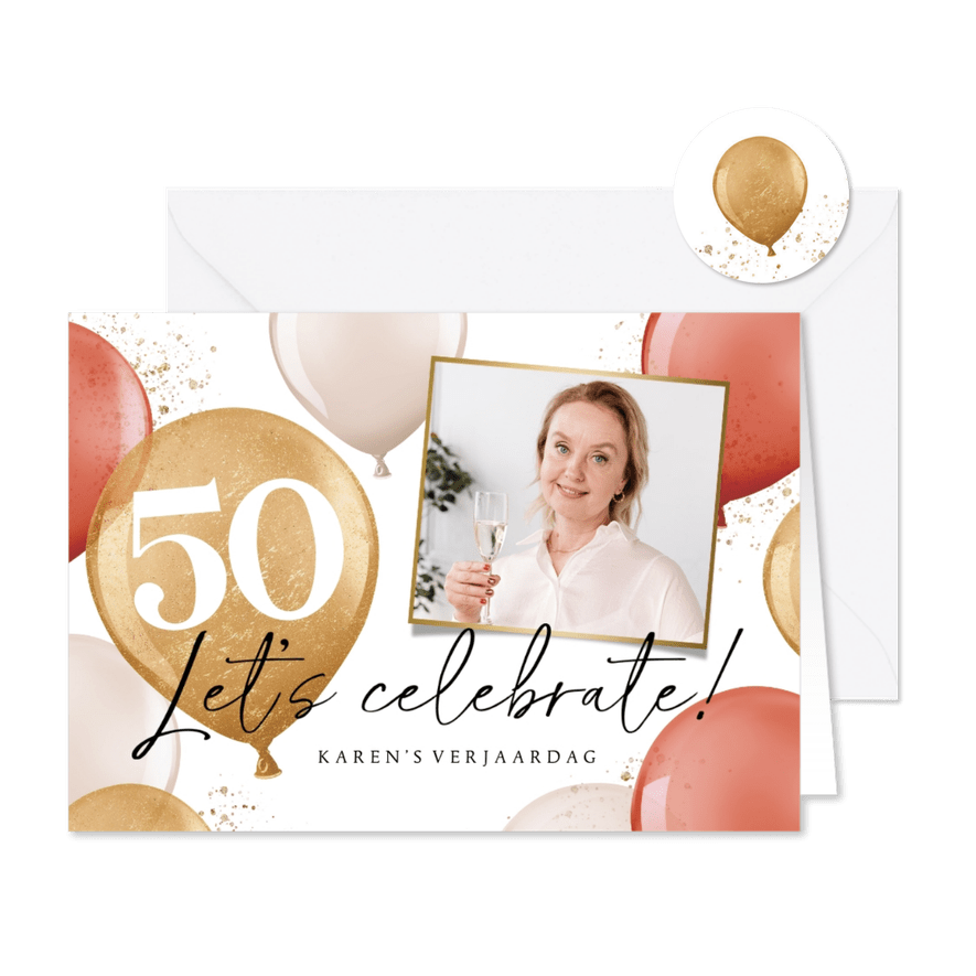 Uitnodiging verjaardagsfeest vrouw 50 jaar ballonnen goud - Kaartimpressie