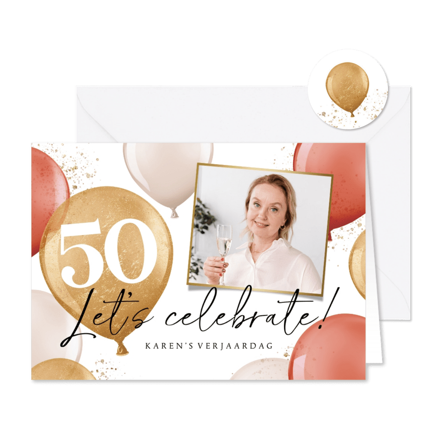 Uitnodiging verjaardagsfeest vrouw 50 jaar ballonnen goud - Kaartimpressie