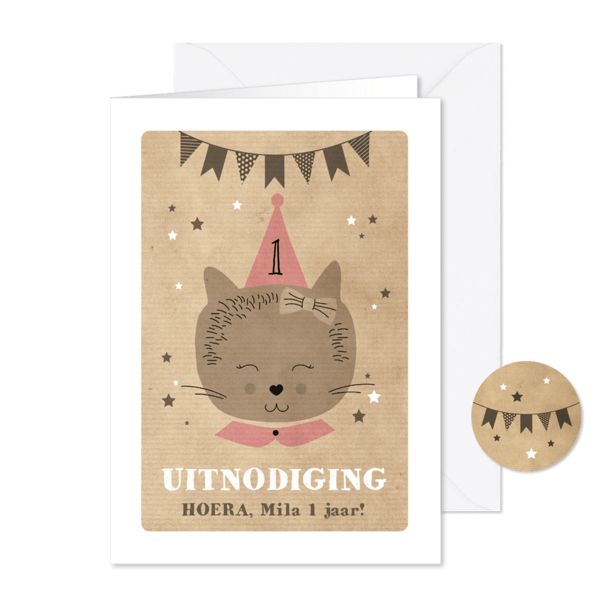Uitnodiging verjaardagsfeestje 1 jaar poesje - Kaartimpressie