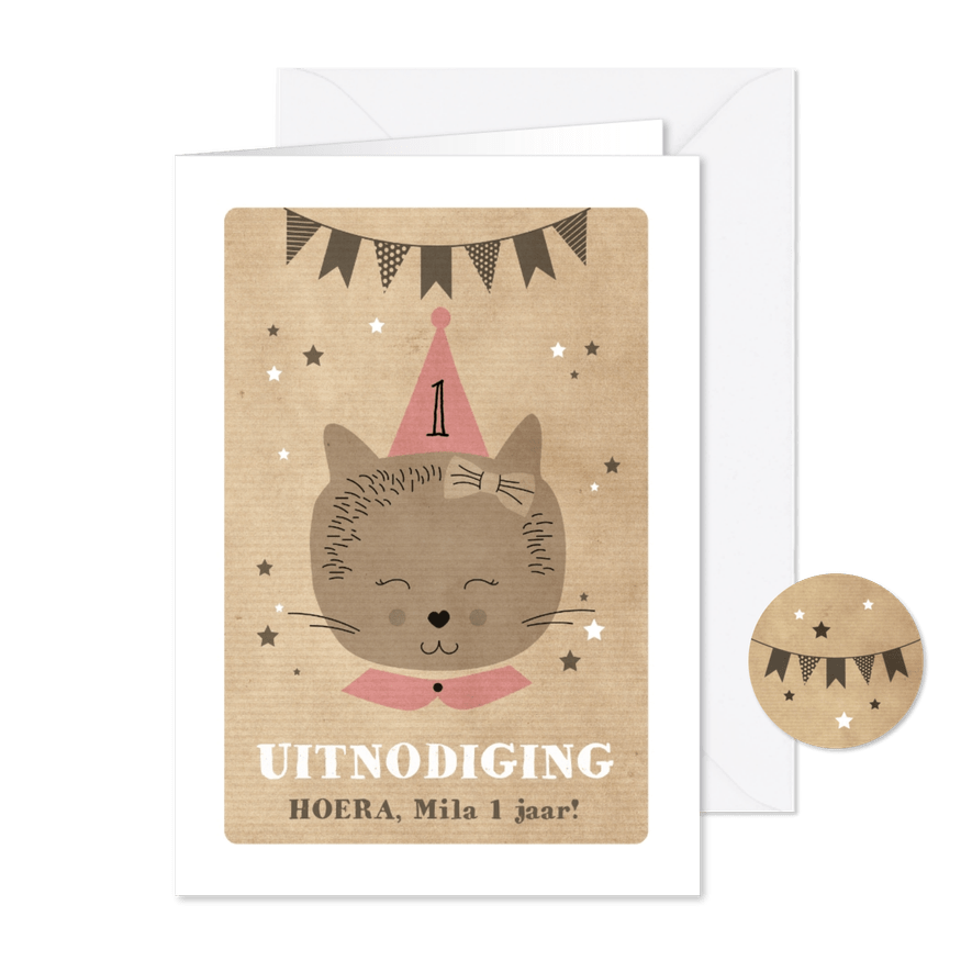 Uitnodiging verjaardagsfeestje 1 jaar poesje - Kaartimpressie