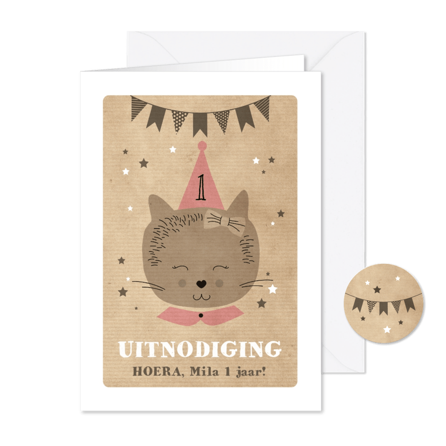 Uitnodiging verjaardagsfeestje 1 jaar poesje - Kaartimpressie