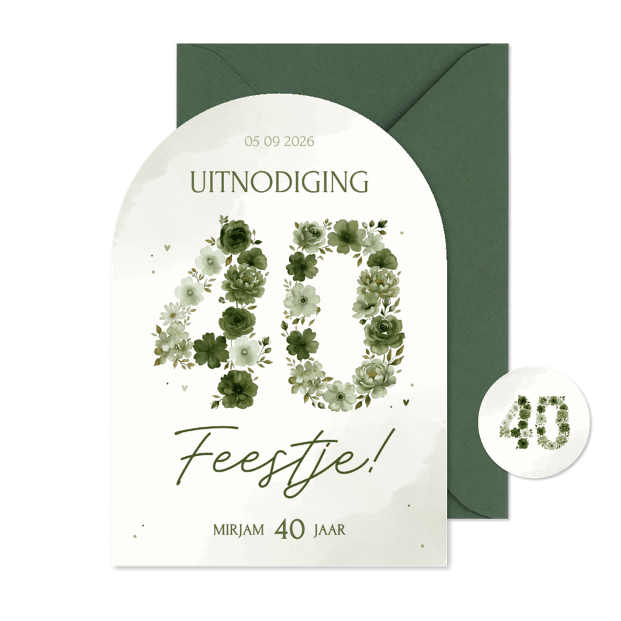 Uitnodiging verjaardagsfeestje 40 bloemen groen - Kaartimpressie